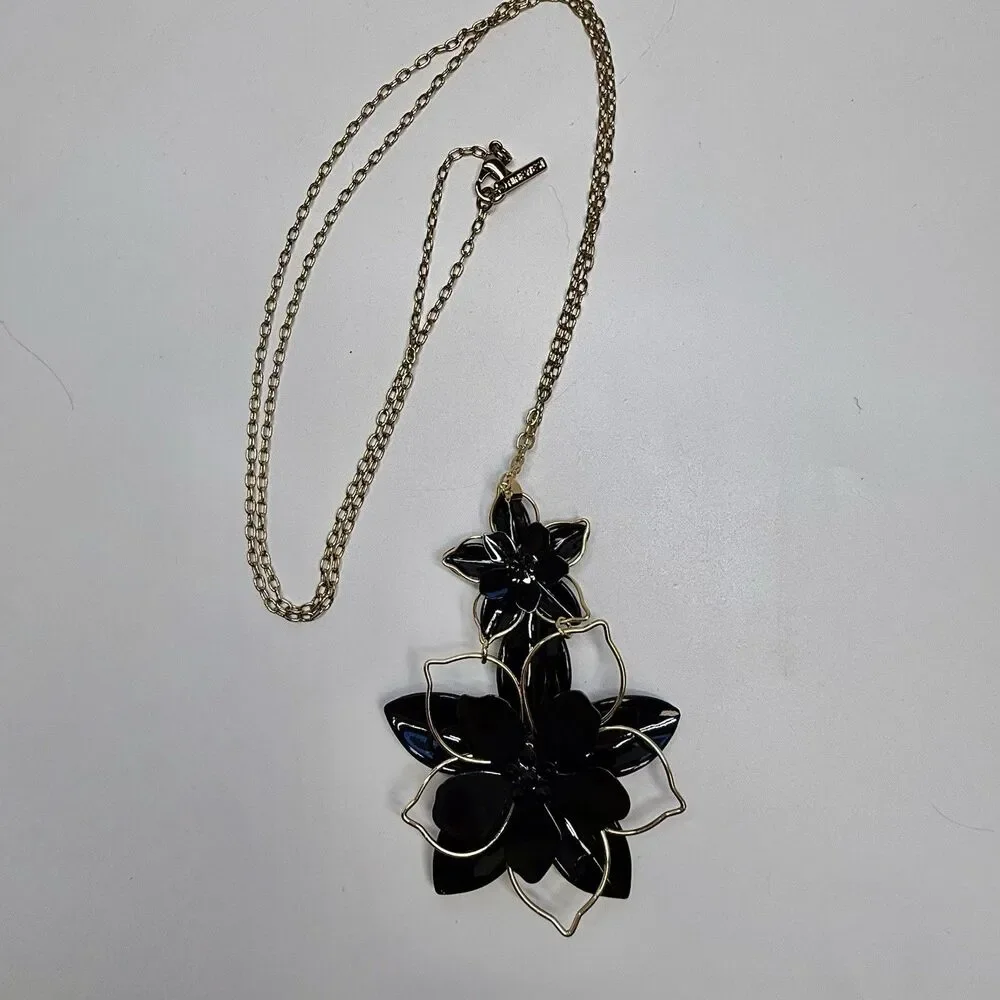 Nine West Black Double Drop Flower Pendant Gold Tone Long Statement Necklace